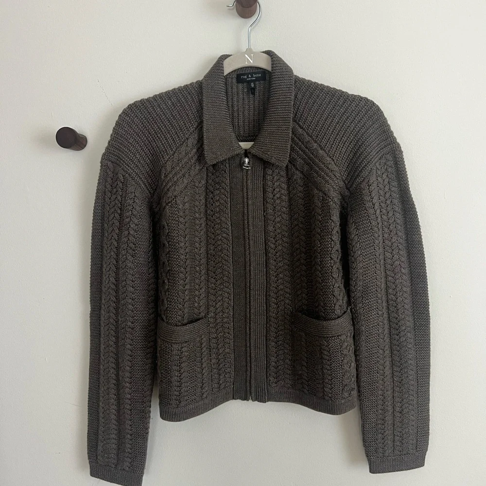 Rag & Bone Merino Wool Kerry Cardigan Zip-Front Cable Knit Sweater Jacket - Picture 3 of 8